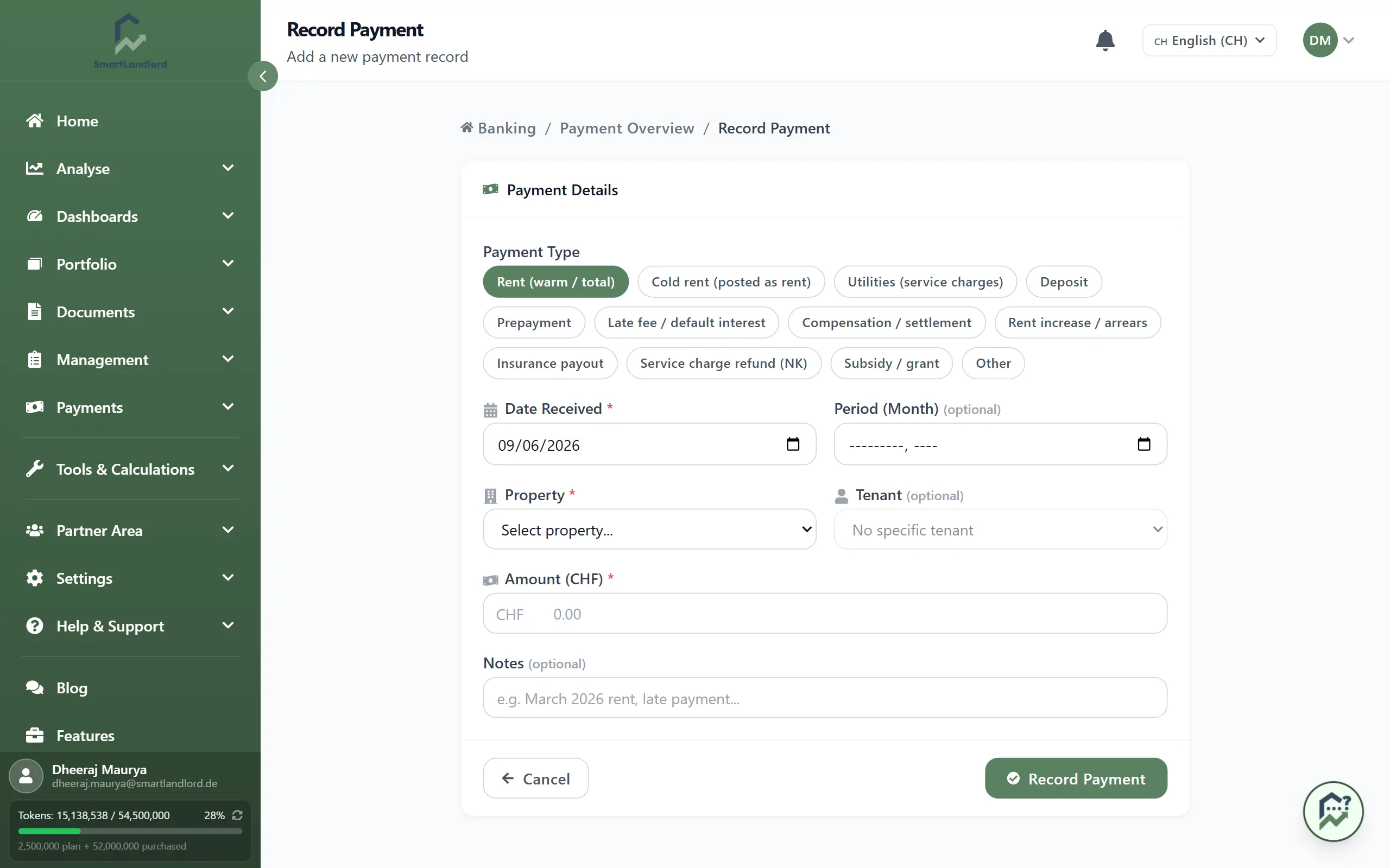 Record payment form