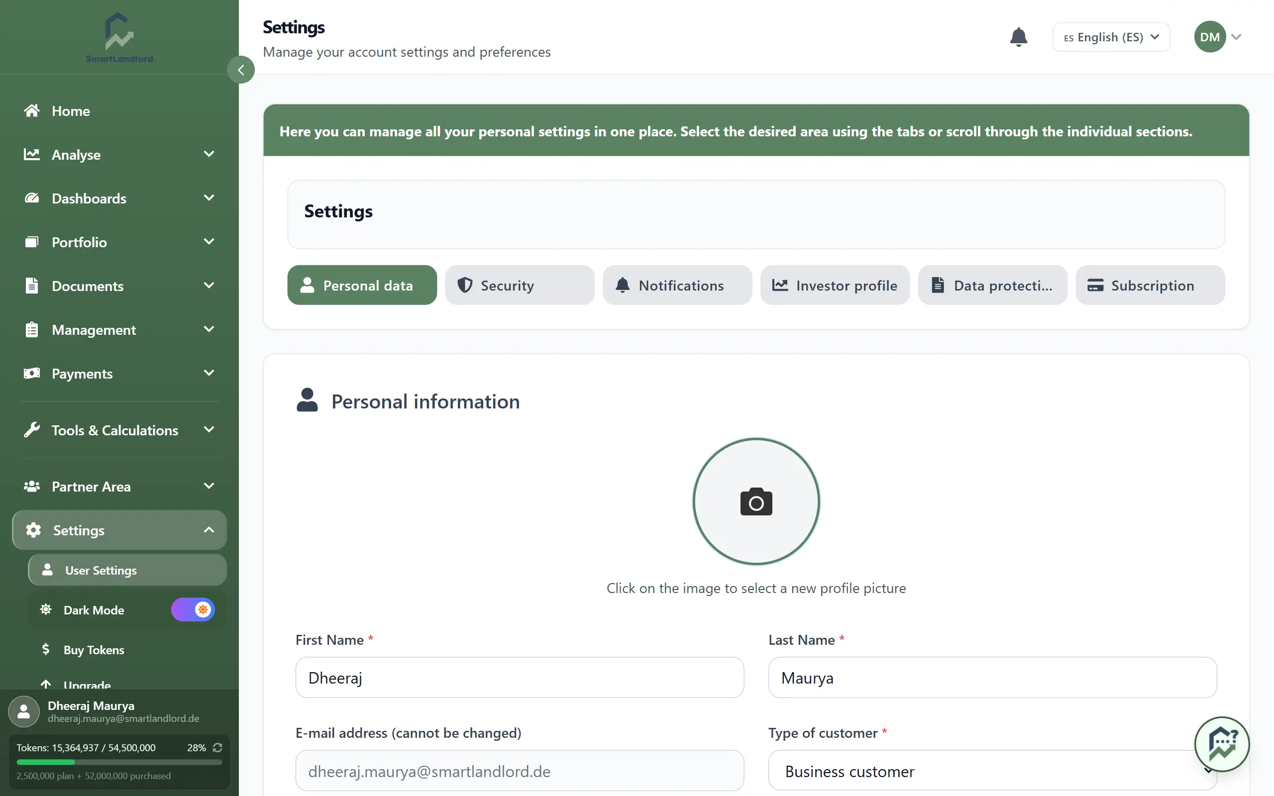 User settings overview